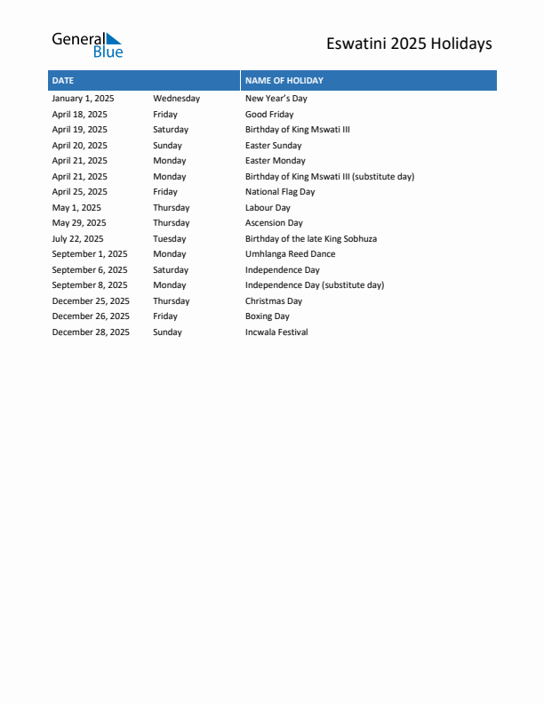 Free printable list of Eswatini holidays for year 2025