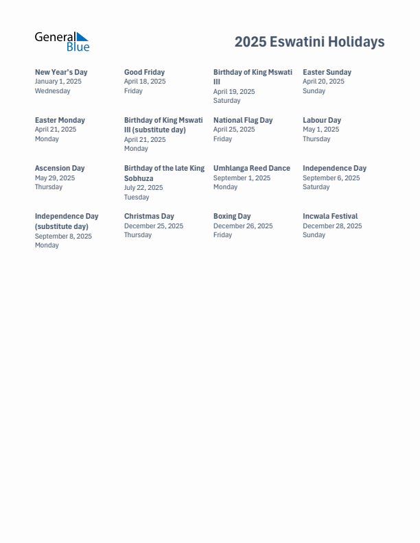 Free printable list of Eswatini holidays for year 2025