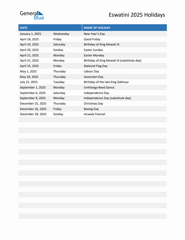 Free printable list of Eswatini holidays for year 2025