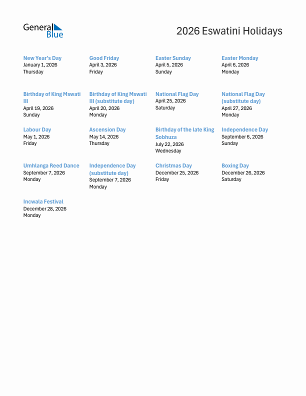 Free printable list of Eswatini holidays for year 2026