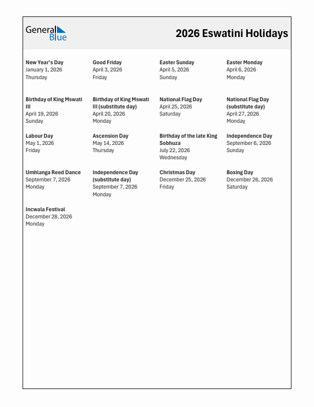 Free printable list of Eswatini holidays for year 2026