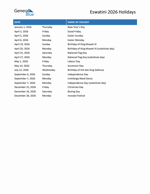 Free printable list of Eswatini holidays for year 2026