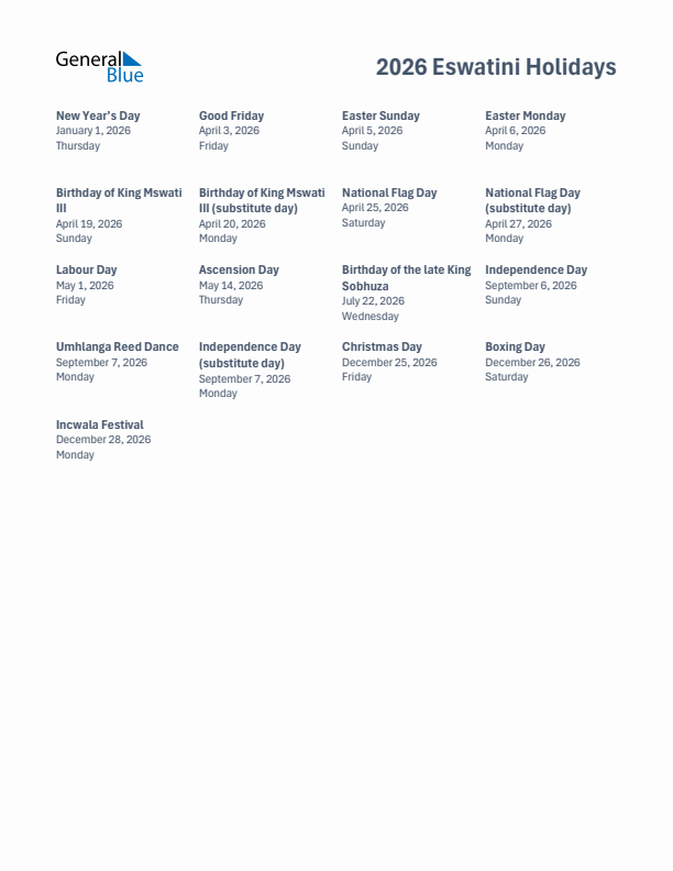 Free printable list of Eswatini holidays for year 2026