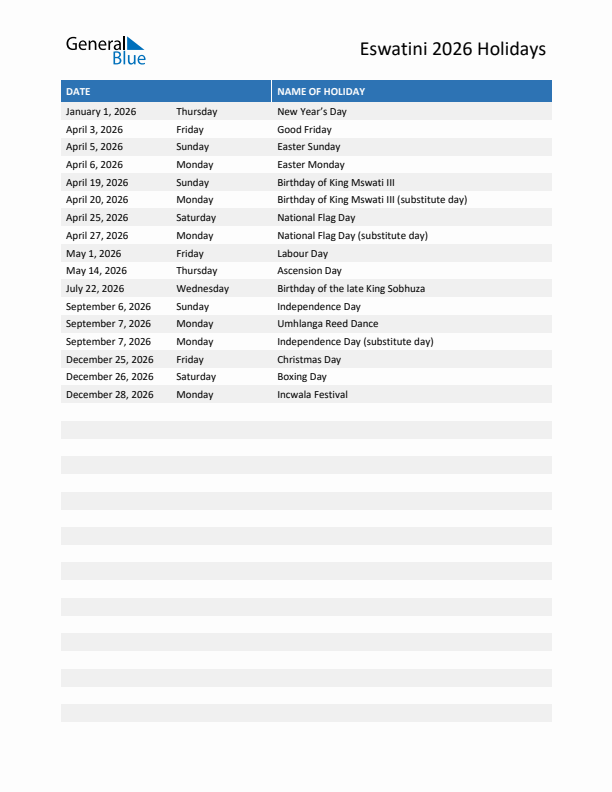 Free printable list of Eswatini holidays for year 2026