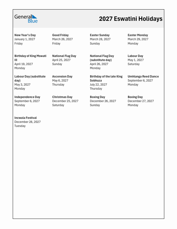 Free printable list of Eswatini holidays for year 2027