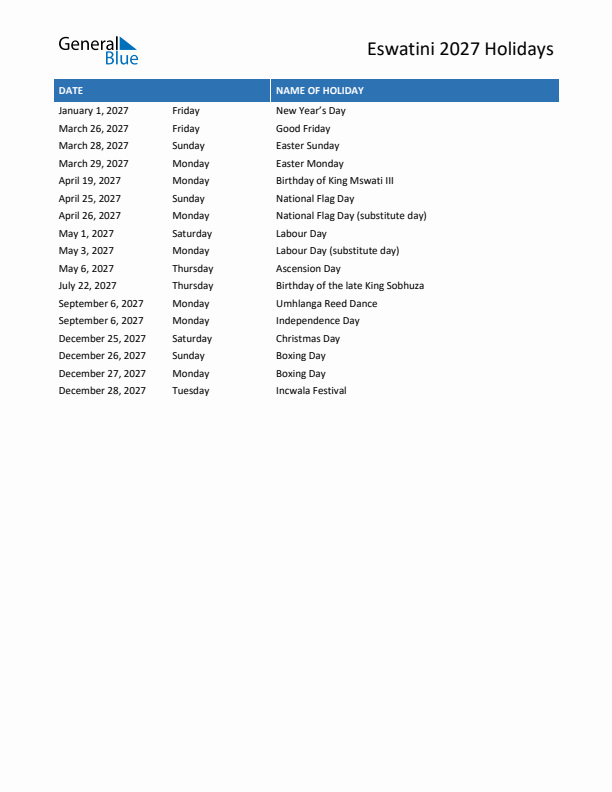Free printable list of Eswatini holidays for year 2027