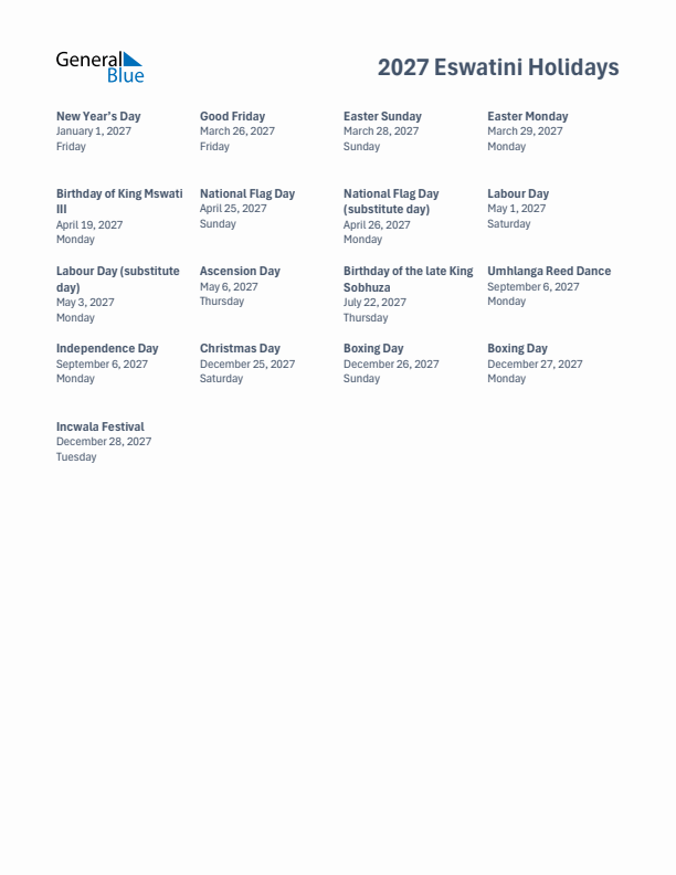 Free printable list of Eswatini holidays for year 2027
