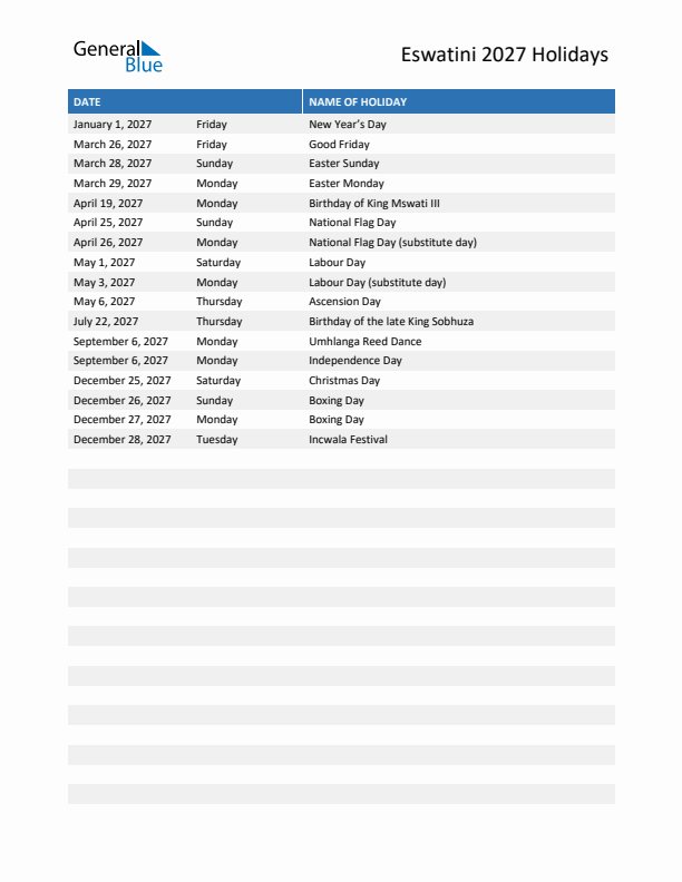 Free printable list of Eswatini holidays for year 2027