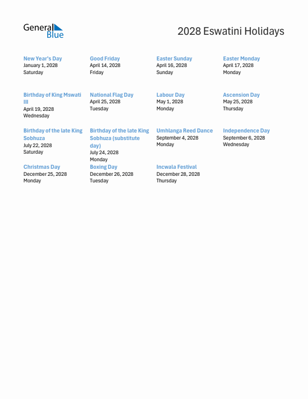 Free printable list of Eswatini holidays for year 2028
