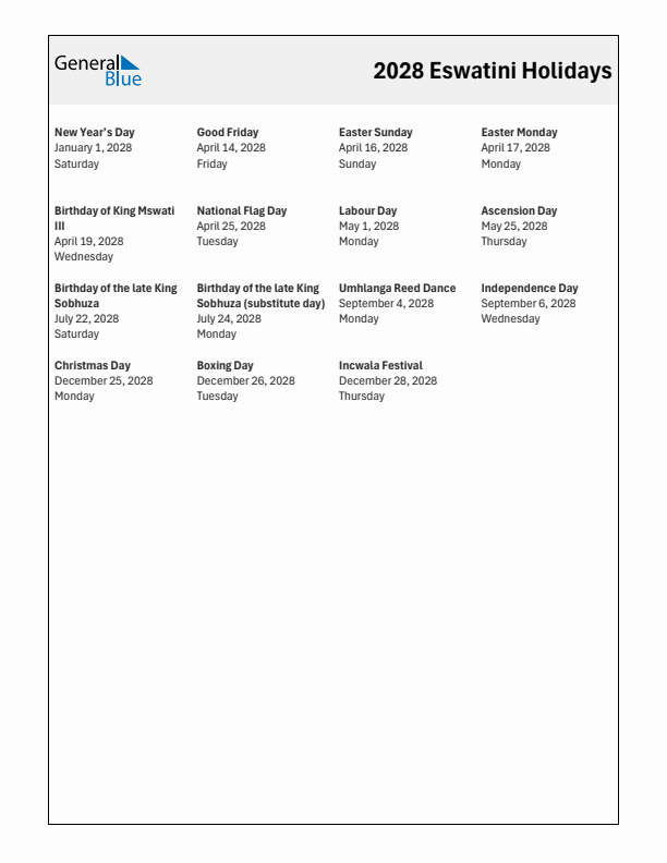Free printable list of Eswatini holidays for year 2028