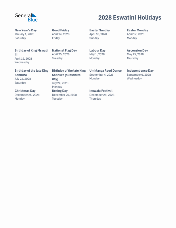 Free printable list of Eswatini holidays for year 2028