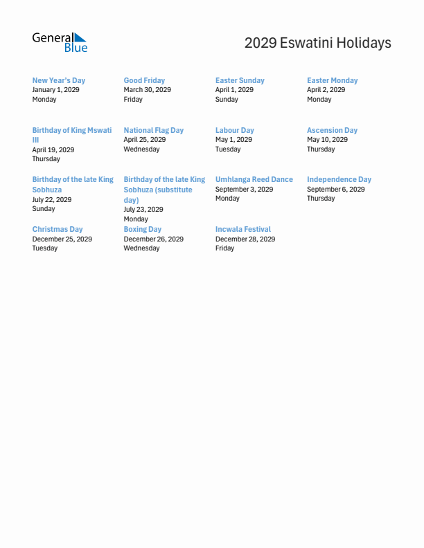 Free printable list of Eswatini holidays for year 2029
