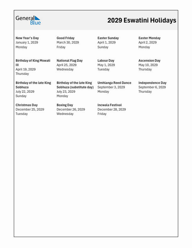 Free printable list of Eswatini holidays for year 2029
