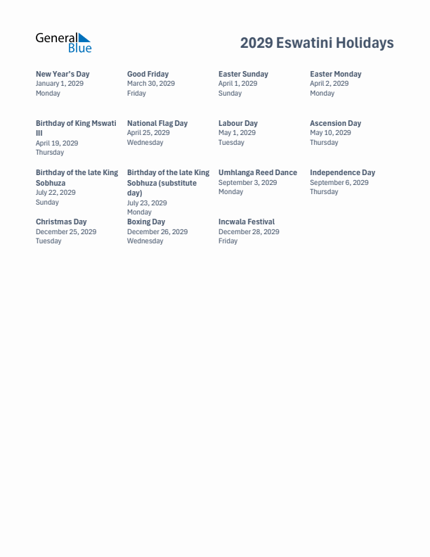 Free printable list of Eswatini holidays for year 2029