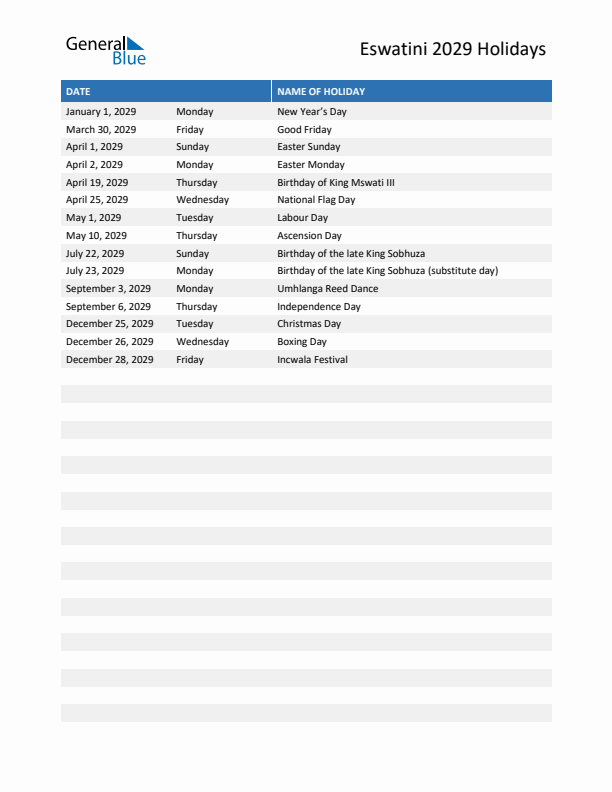 Free printable list of Eswatini holidays for year 2029