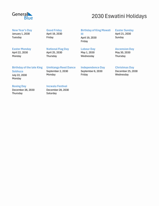 Free printable list of Eswatini holidays for year 2030