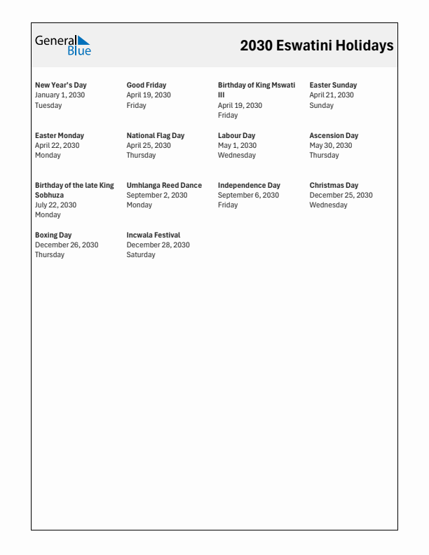 Free printable list of Eswatini holidays for year 2030
