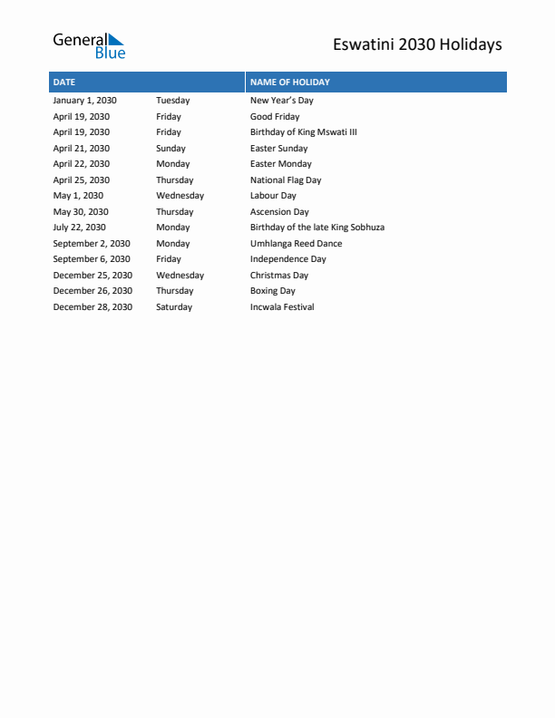 Free printable list of Eswatini holidays for year 2030