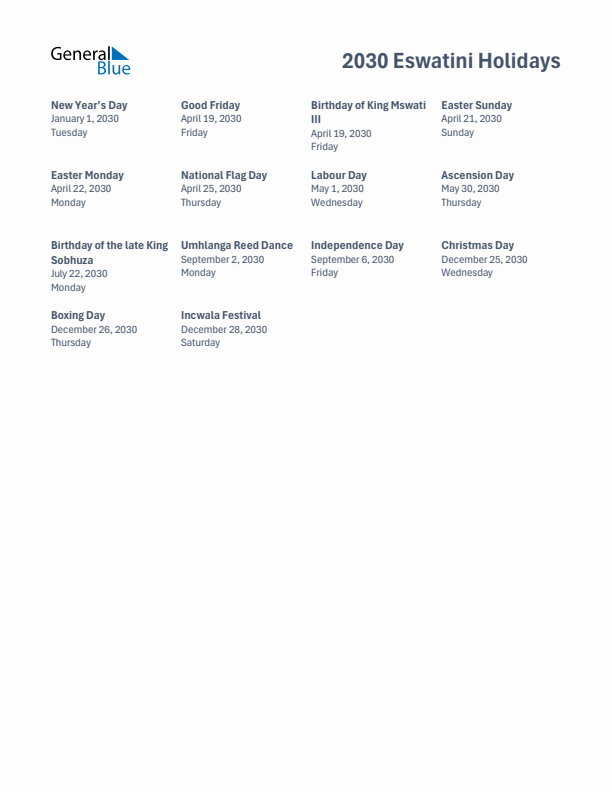 Free printable list of Eswatini holidays for year 2030