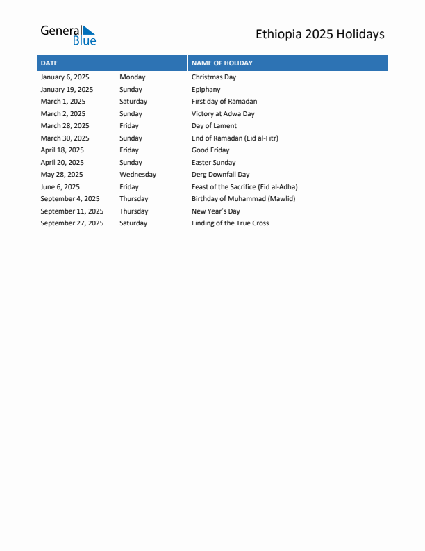 2025 Ethiopia List of Holidays in PDF, Word, and Excel