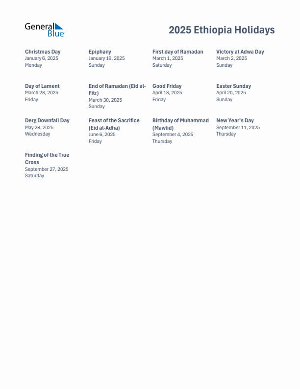 2025 Ethiopia List of Holidays in PDF, Word, and Excel