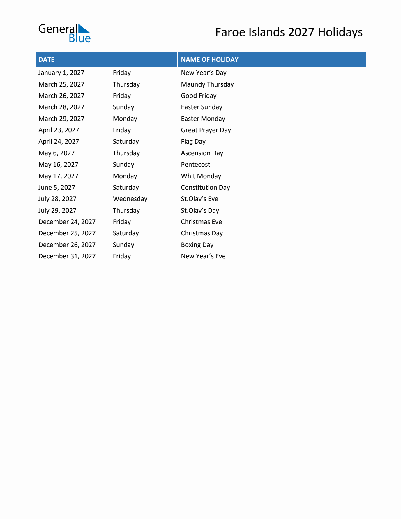 2027 Faroe Islands List of Holidays in PDF, Word, and Excel