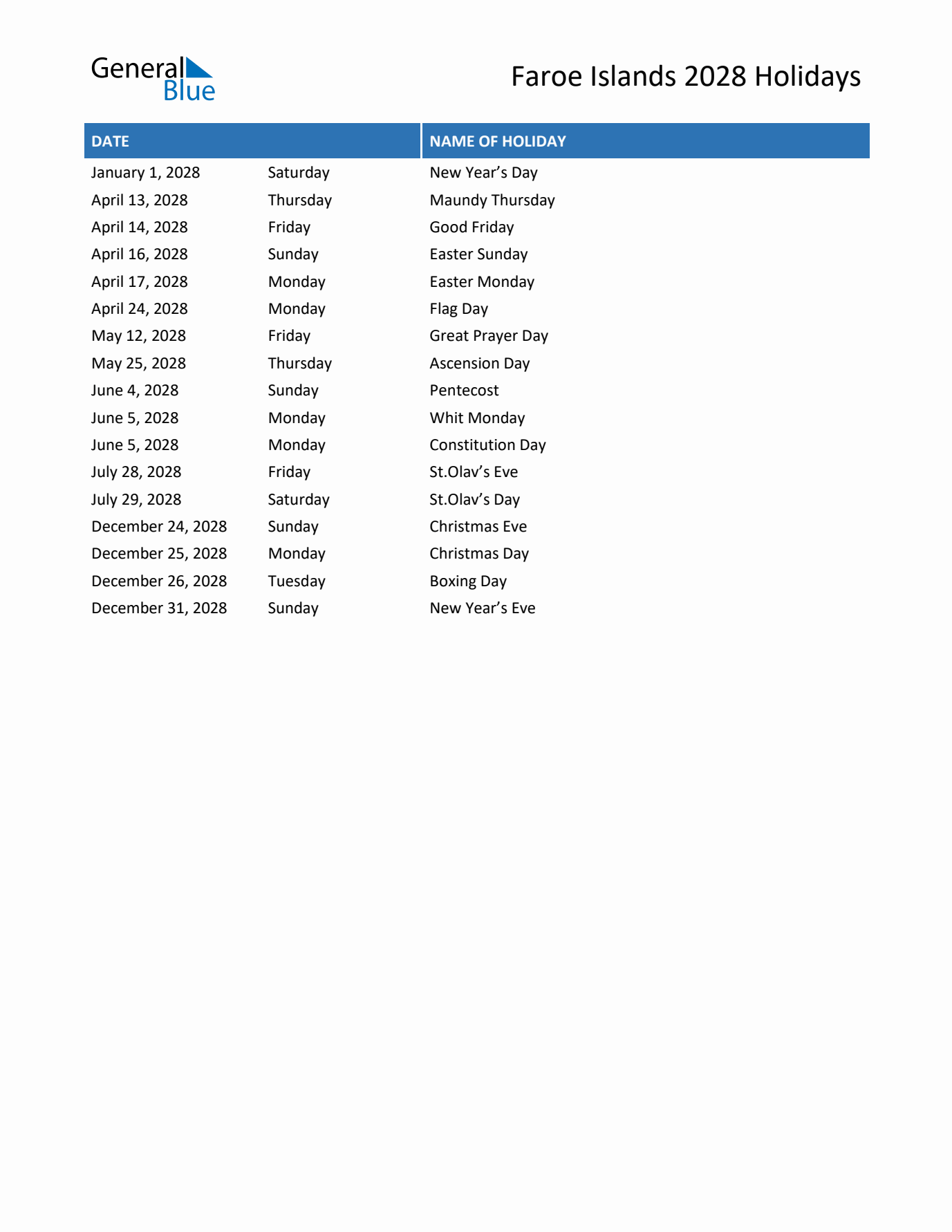 2028 Faroe Islands List of Holidays in PDF, Word, and Excel