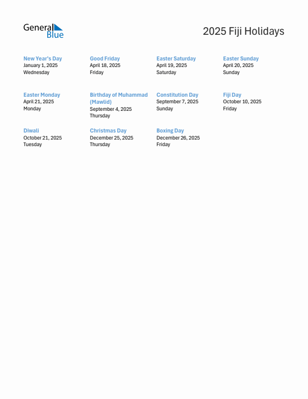 Free printable list of Fiji holidays for year 2025