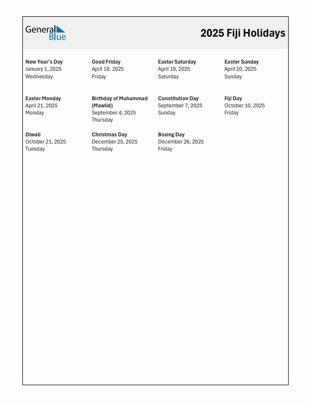 Free printable list of Fiji holidays for year 2025