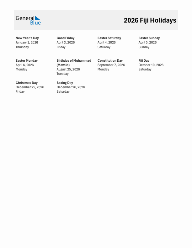 Free printable list of Fiji holidays for year 2026