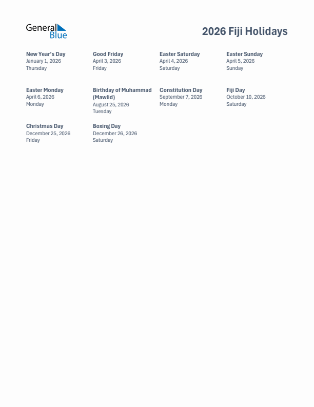 Free printable list of Fiji holidays for year 2026