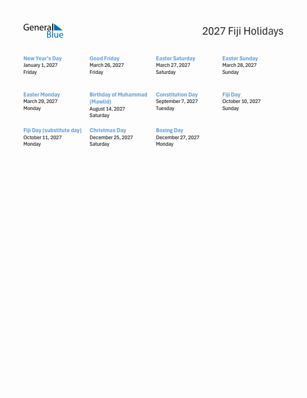 Free printable list of Fiji holidays for year 2027