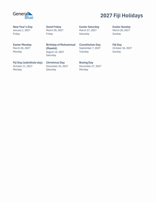 Free printable list of Fiji holidays for year 2027