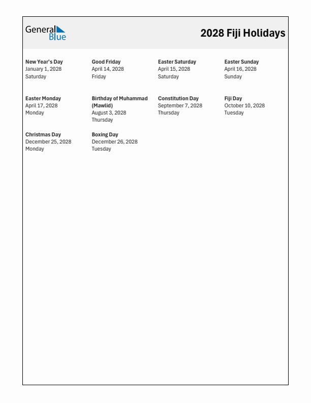 Free printable list of Fiji holidays for year 2028
