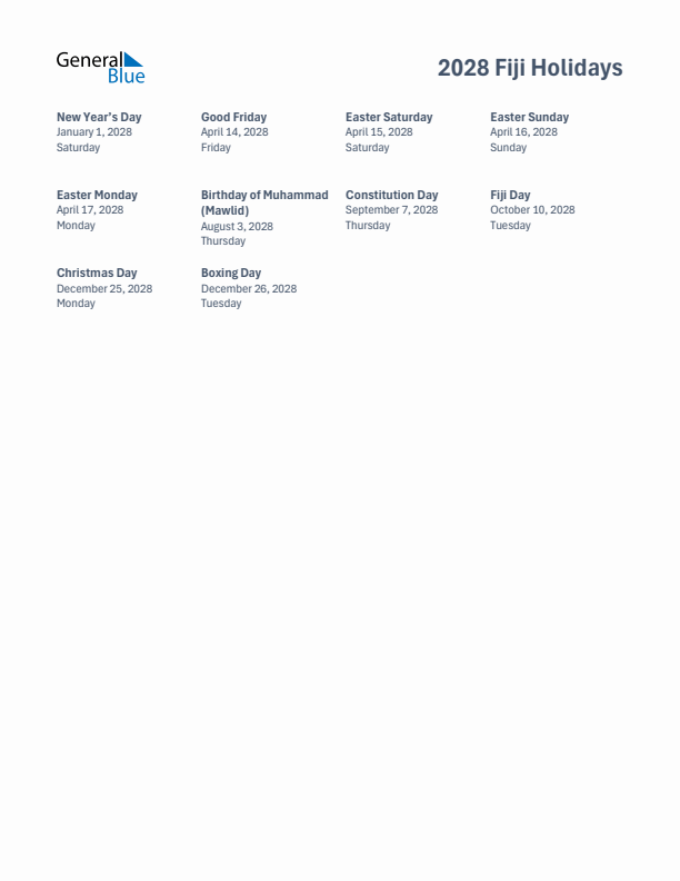 Free printable list of Fiji holidays for year 2028