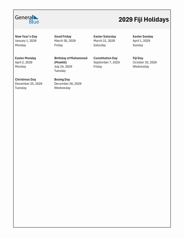 Free printable list of Fiji holidays for year 2029