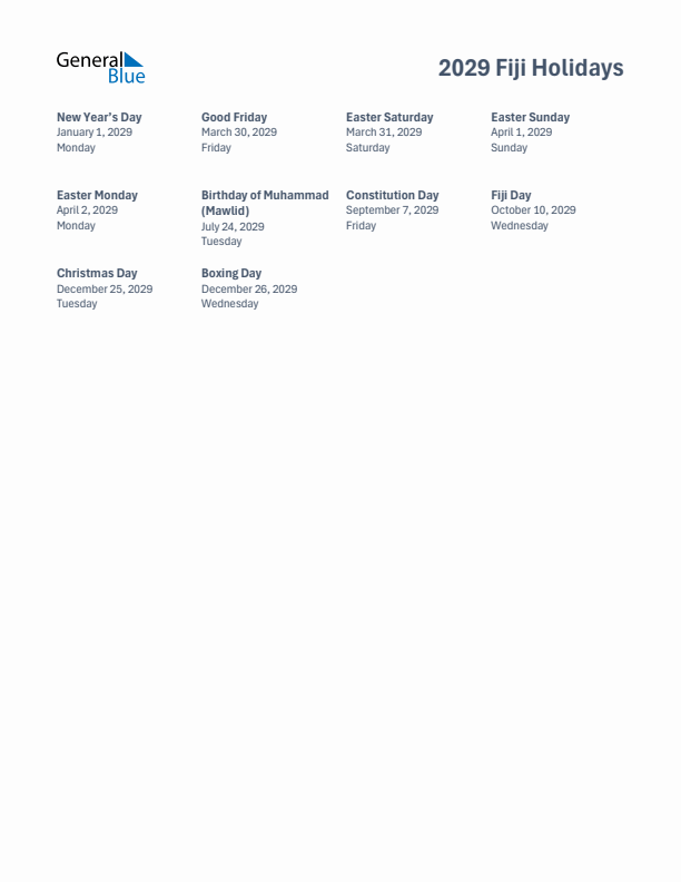 Free printable list of Fiji holidays for year 2029