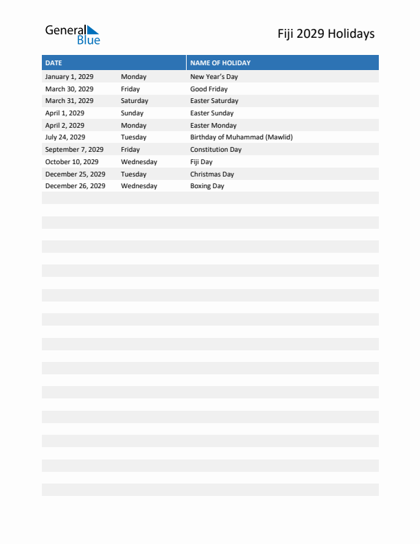 Free printable list of Fiji holidays for year 2029