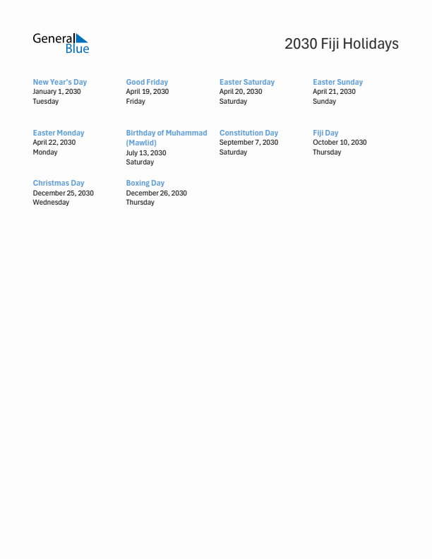 Free printable list of Fiji holidays for year 2030