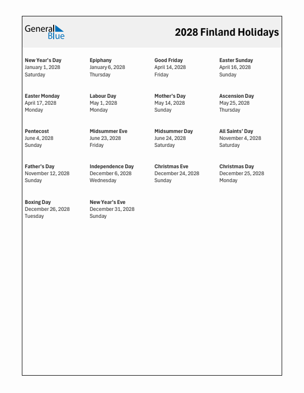 Free printable list of Finland holidays for year 2028