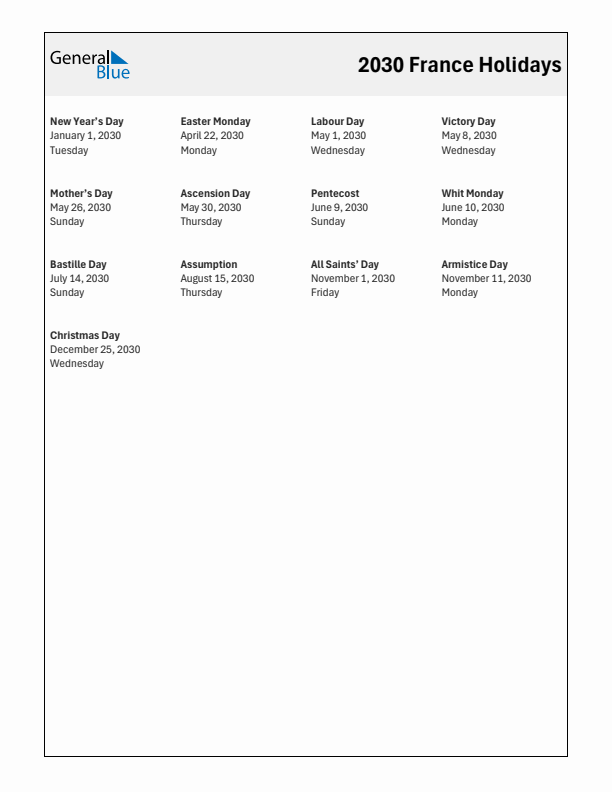 Free printable list of France holidays for year 2030