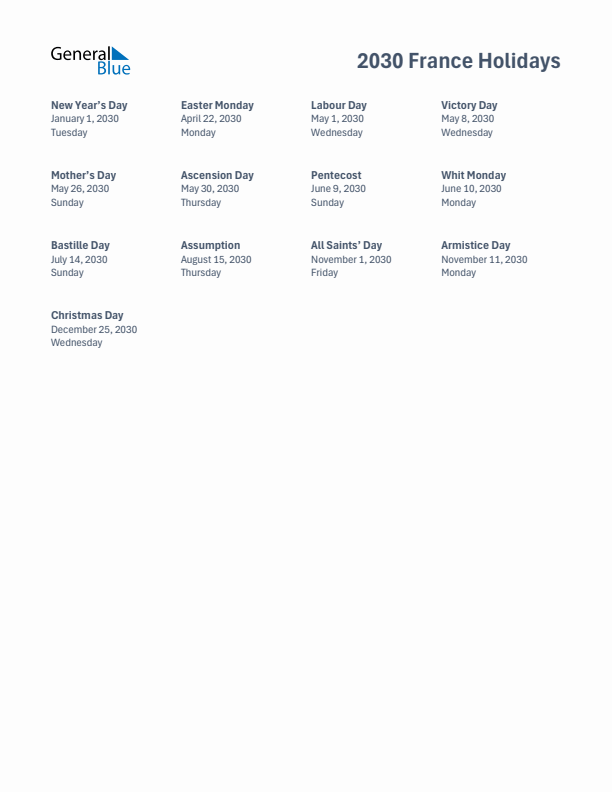 Free printable list of France holidays for year 2030