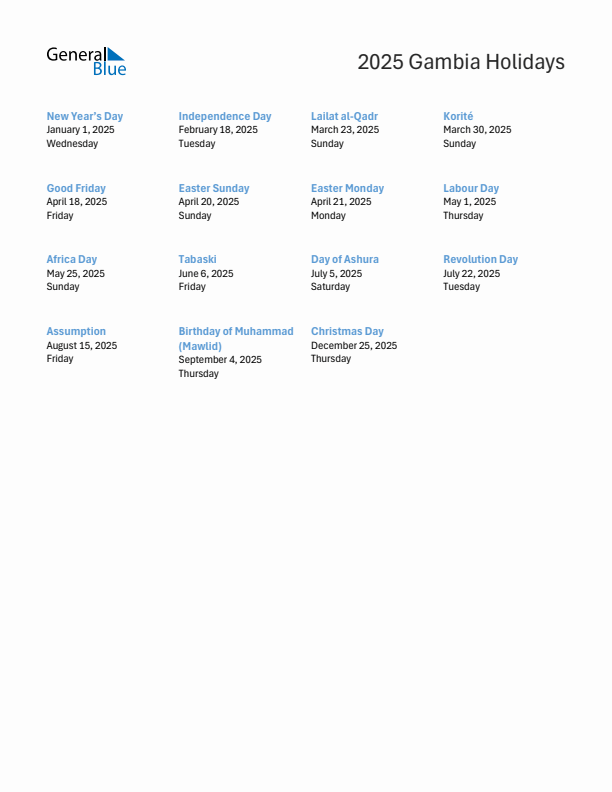 Free printable list of Gambia holidays for year 2025