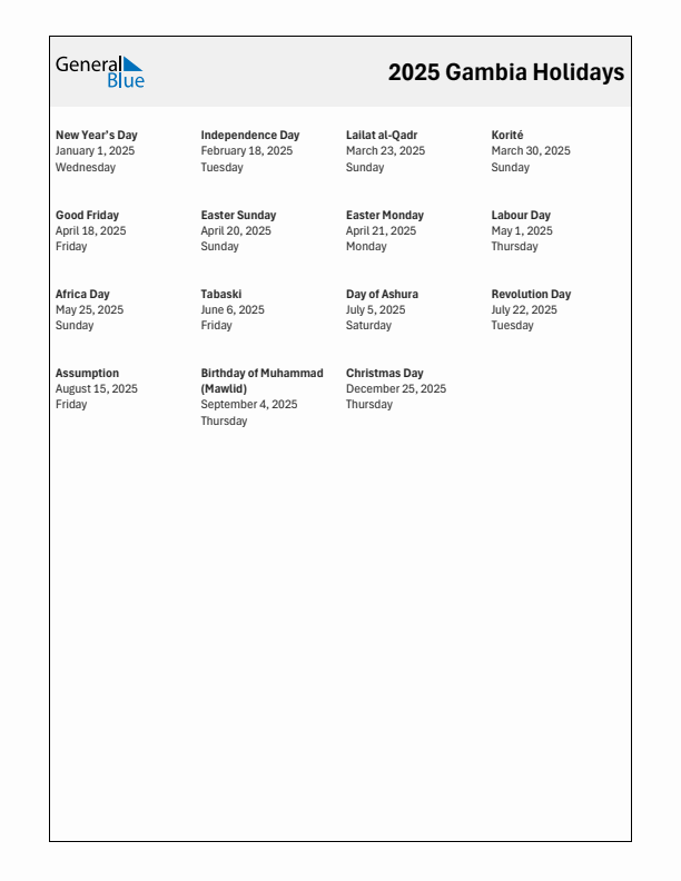 Free printable list of Gambia holidays for year 2025
