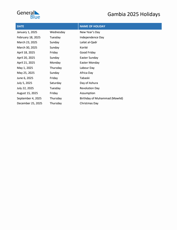 Free printable list of Gambia holidays for year 2025