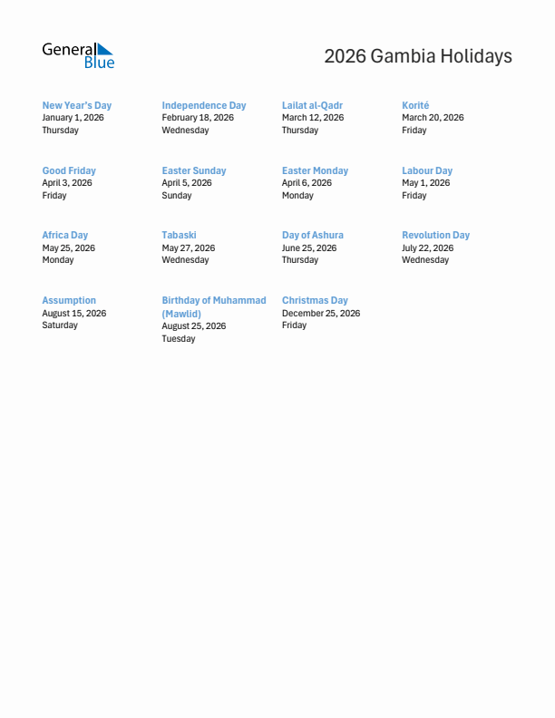 Free printable list of Gambia holidays for year 2026
