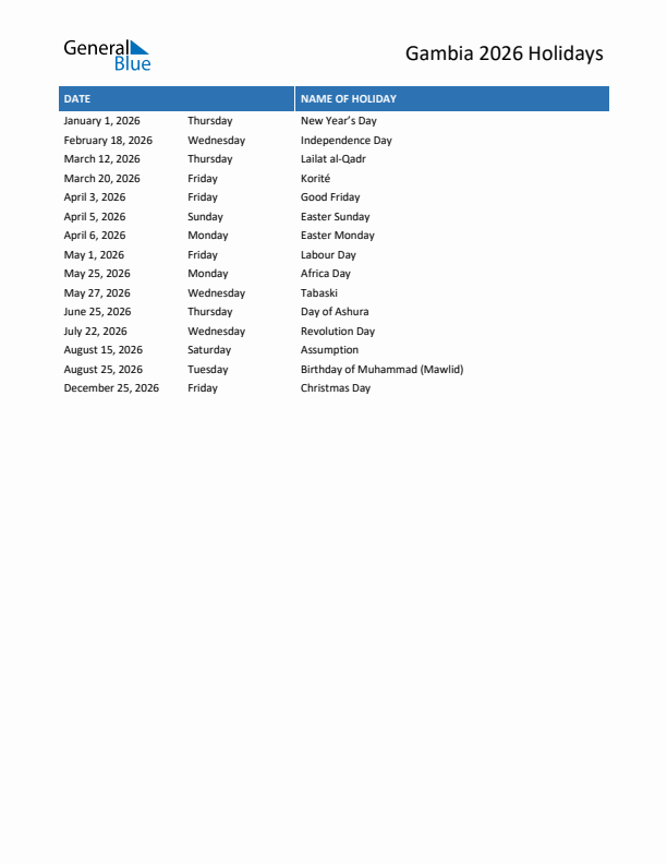 Free printable list of Gambia holidays for year 2026