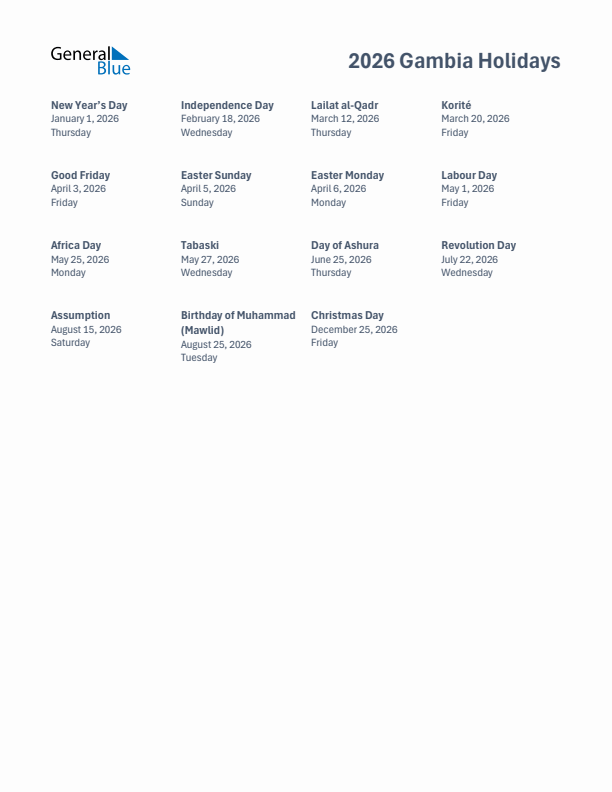 Free printable list of Gambia holidays for year 2026