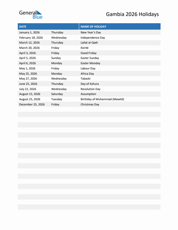 Free printable list of Gambia holidays for year 2026
