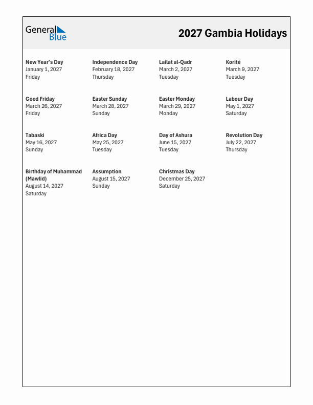 Free printable list of Gambia holidays for year 2027